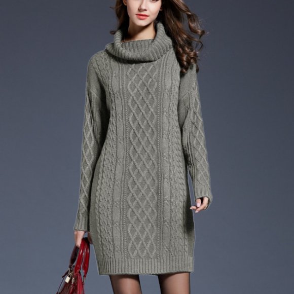 A sweater dress with a long high collar